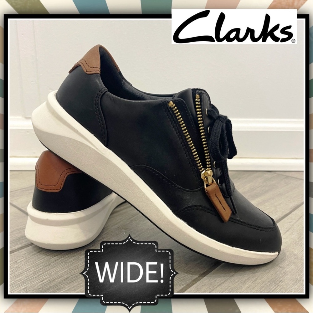 Clarks Women’s Black Leather Zip & Lace Sneaker with Brown Accent